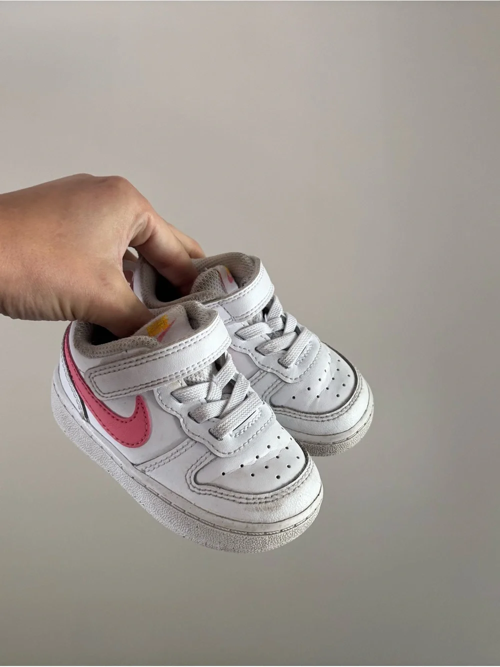 Nike Kids White Sneakers with Pink Swoosh Velcro